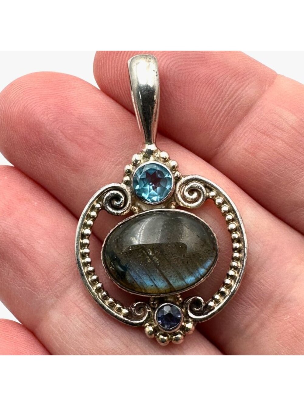 Sajen Blue Topaz Labradorite Sterling Silver Pendant 1.5"